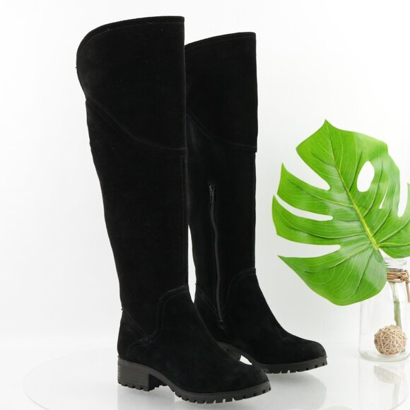 Lucky Brand Womens Harleen Riding Boot Size 6.5 OTK Black Suede Lug Sole Pull On - Picture 1 of 14